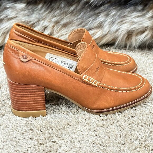 Sperry Seaport Penny Block Heel Loafer Womens Sz 7 Tan Leather Cushioned Comfort - Picture 8 of 15